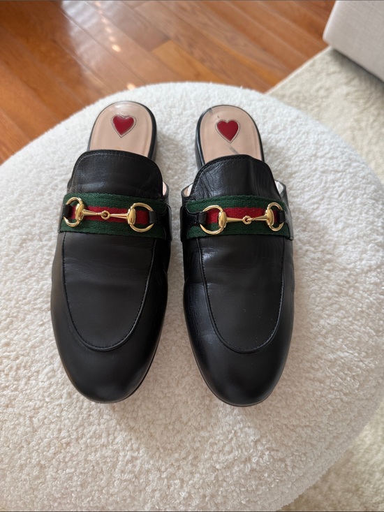 Gucci Shoes - Gucci Black Leather Mules with Green and Red Web and Gold Hardware Authentic